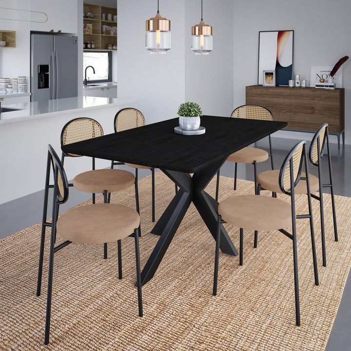LeisureMod Euston Modern Wicker Dining Chair with Velvet Round Seat Brown. in Dining Room.