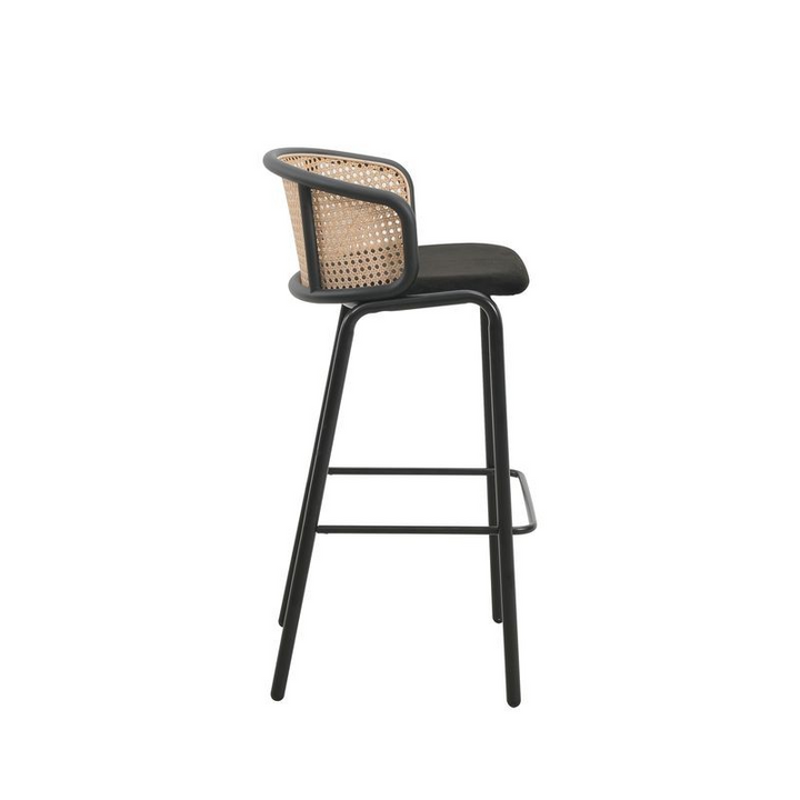 LeisureMod Ervilla Mid-Century Modern Wicker Bar Stool with Fabric Seat and Black Powder Coated Steel Frame in Black Side View.