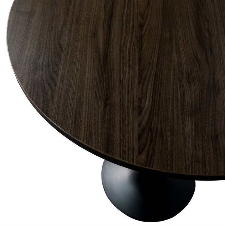 LeisureMod Verve Collection Modern Bar Height Table Black Base with 27" Round Dark Walnut MDF Top Closeup.