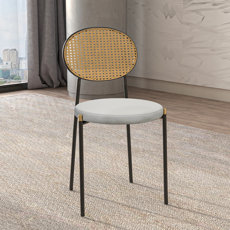 LeisureMod Euston Modern Wicker Dining Chair with Black Frame and Leather Seat in White with Background.