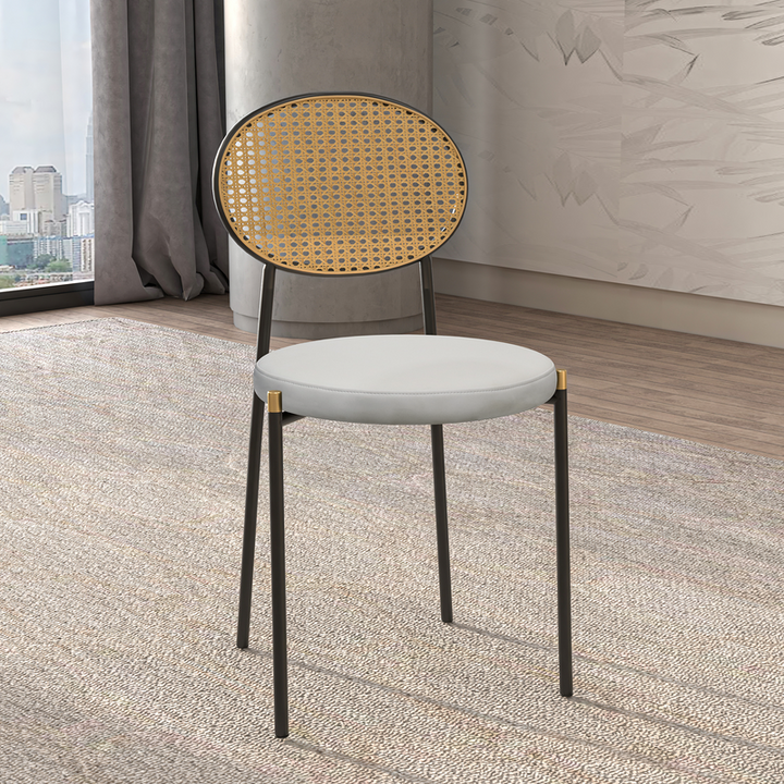 LeisureMod Euston Modern Wicker Dining Chair with Black Frame and Leather Seat in White with Background.