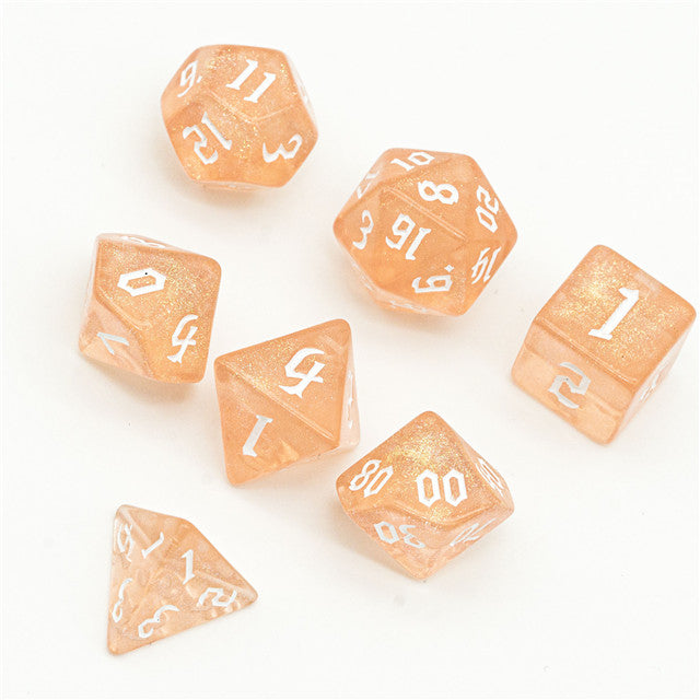 Peach Glitter Party Glitter Dice (White font) 7-Dice Set RPG DND