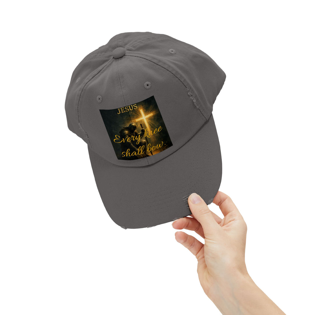 Jesus Cross Distressed Cap — "Every Knee Shall Bow" Christian Hat