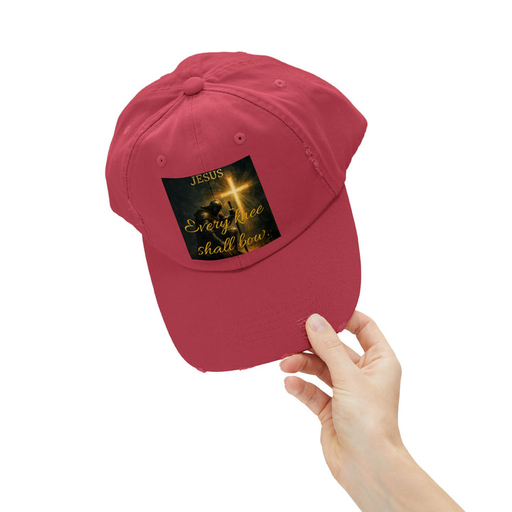 Jesus Cross Distressed Cap — "Every Knee Shall Bow" Christian Hat