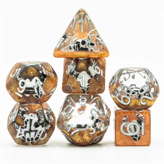 Desert Bull Head 7-Dice Set w/Silver Numbers White Skull on Gold Glitter