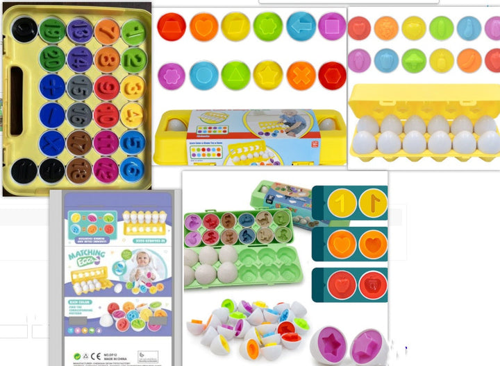 Collage of colorful educational toys and packaging on a white background.