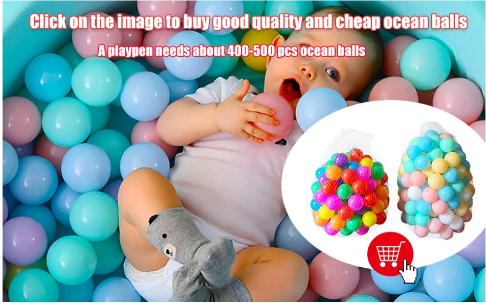 Baby playing with colorful ocean balls in a playpen, with text about ball quantity needed.