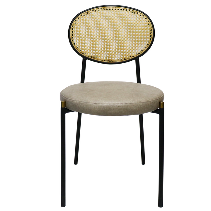 LeisureMod Euston Modern Wicker Dining Chair with Black Frame and Leather Seat in Taupe Front View.