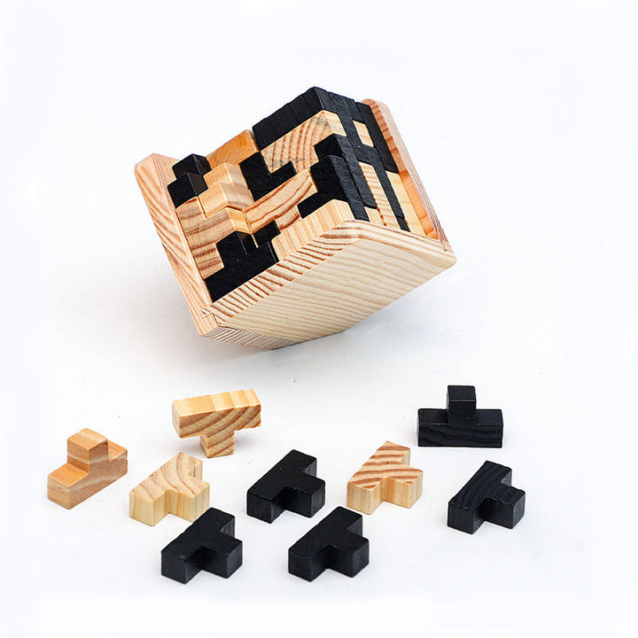 Wooden puzzle with missing pieces on a white background.