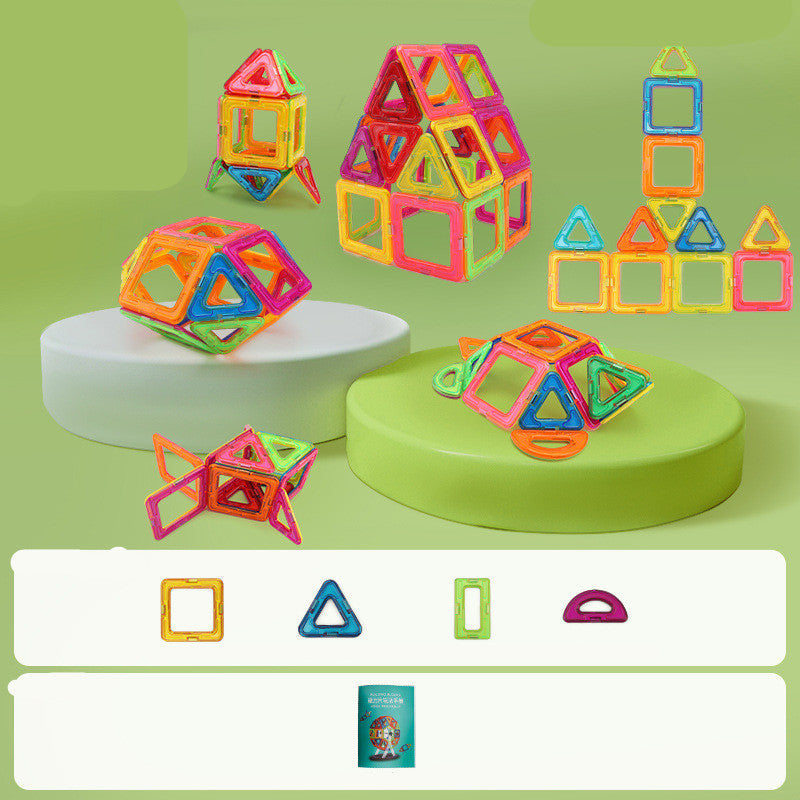 Colorful magnetic building blocks on a green background with shapes displayed below.