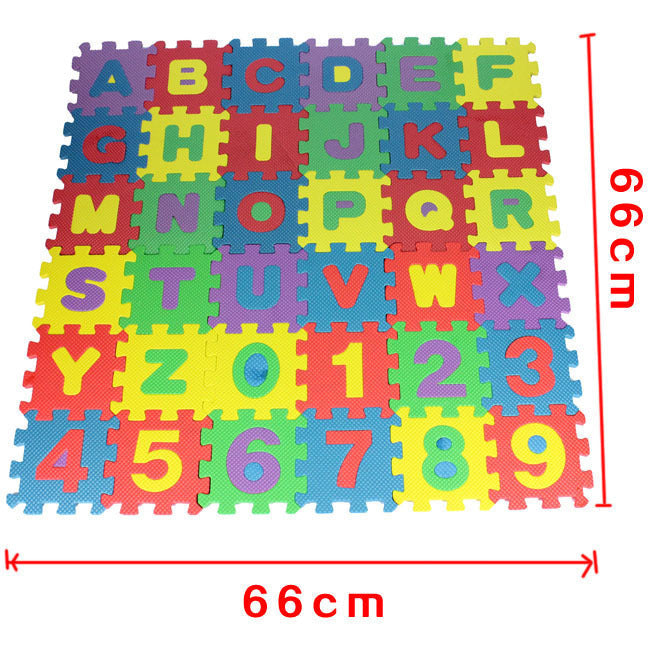 Colorful alphabet and number puzzle mat with dimensions indicated.