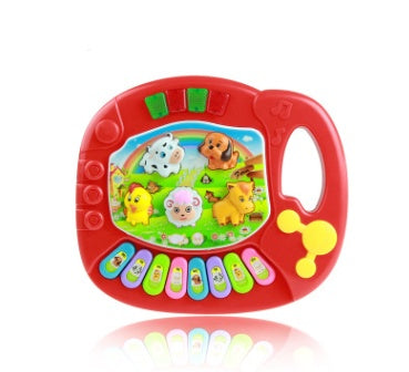 Red toy keyboard with animal illustrations on a white background.