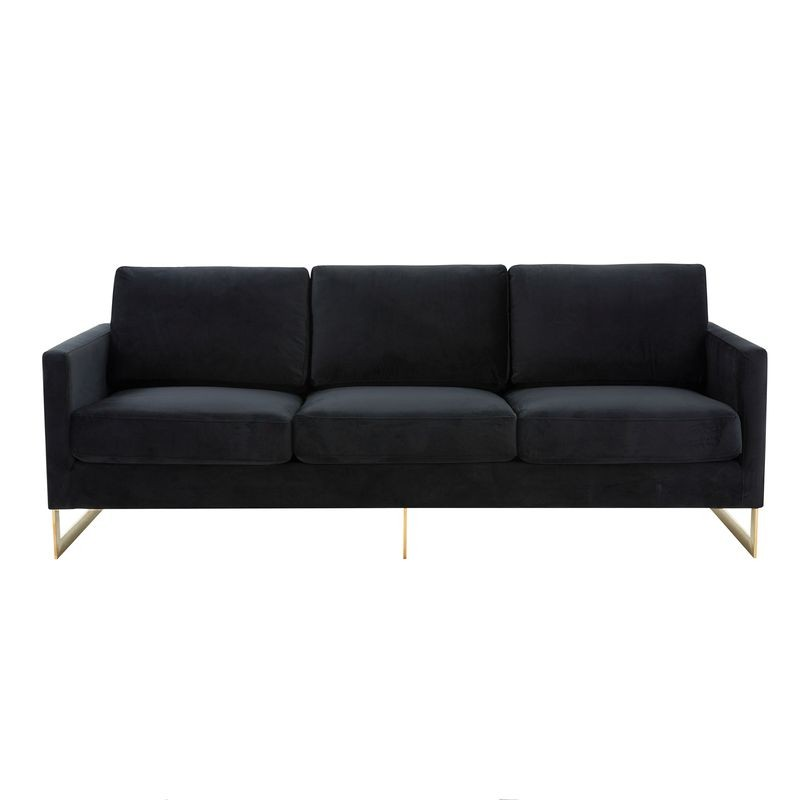 LeisureMod Lincoln Modern Mid-Century Upholstered Velvet Sofa with Gold Frame Black Front Photo.