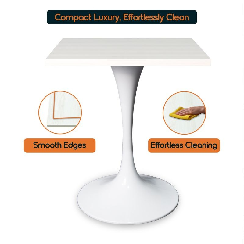 LeisureMod Verve Collection 24 Square Dining Table, White Base with Light Natural Wood MDF Top Details.
