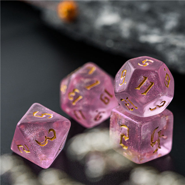 Pink Glitter Party Glitter Dice (Goldfont) 7-Dice Set RPG DND