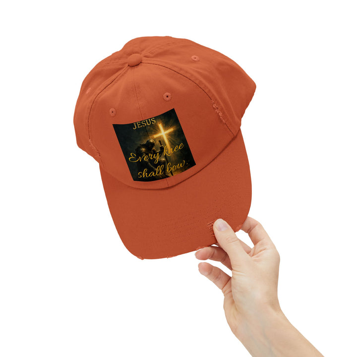 Jesus Cross Distressed Cap — "Every Knee Shall Bow" Christian Hat