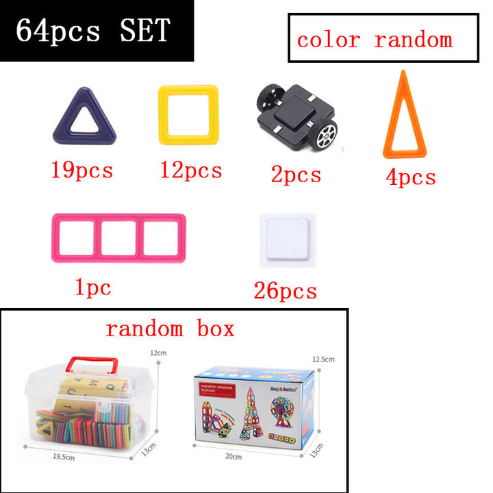 Set of colorful building block shapes with quantities and a random box illustration.