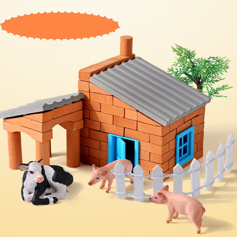 Toy farm set with a barn, fence, and animals on a beige background.