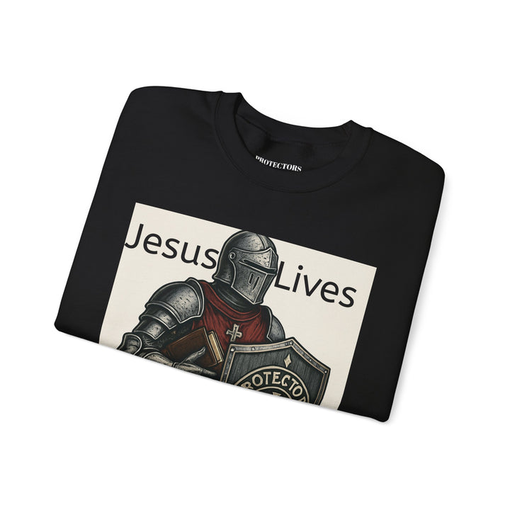 Knight Shield Crewneck Sweatshirt — "Protectors of the Word Jesus Lives"