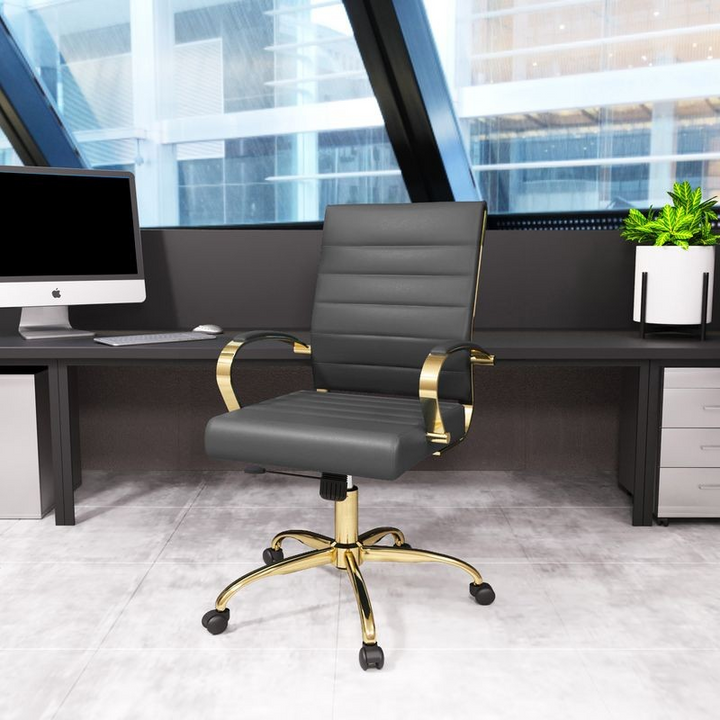 LeisureMod Benmar Home Leather Office Chair with Gold Frame Grey in Room.