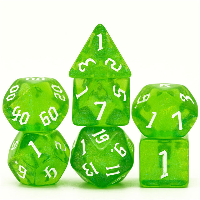 Deep Green Glitter Party Dice (White font) 7-Dice Set RPG DND