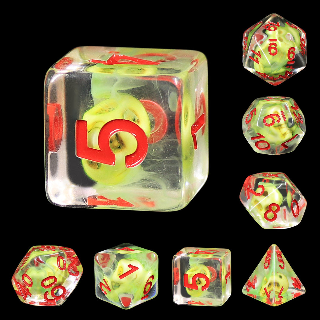 Sulfur Skull Dice Green/Red Halloween Resin 7-Dice