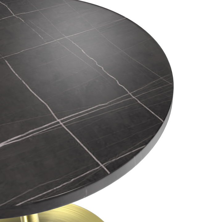 LeisureMod Verve Collection 27 Round Dining Table, Brushed Gold Base with Sintered Stone Black Top View.