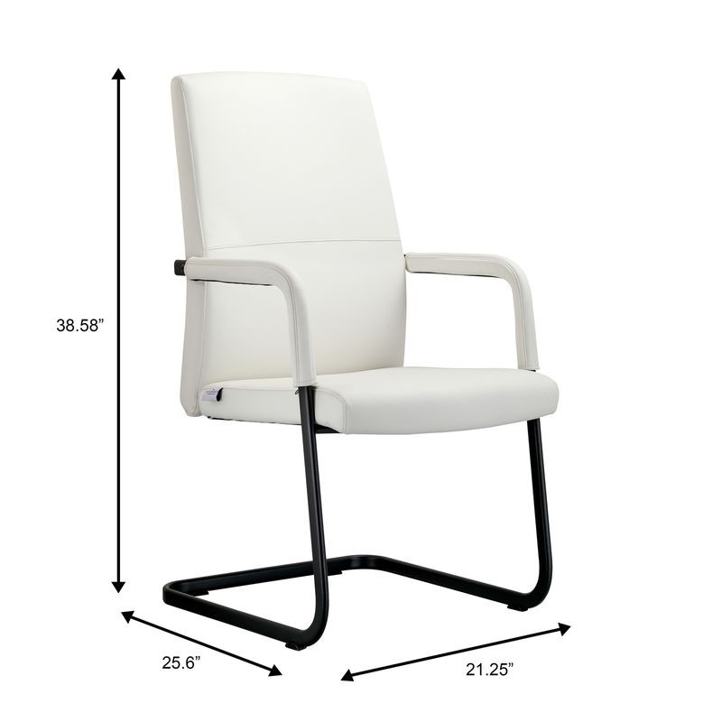 White office chair with black metal frame and dimensions labeled on a white background.