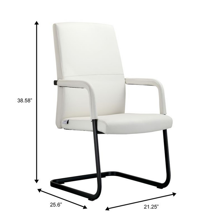 White office chair with black metal frame and dimensions labeled on a white background.