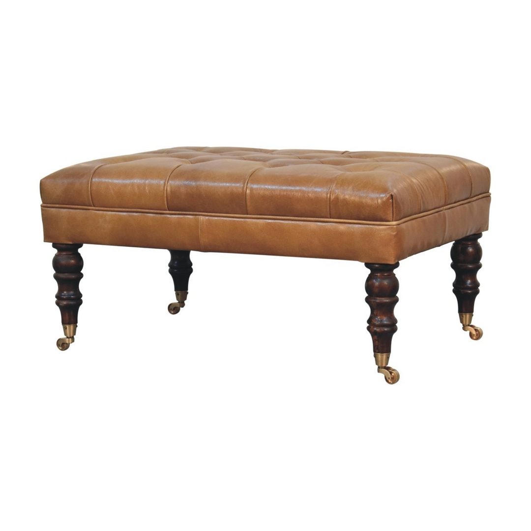 California Walnut Buffalo Tan Leather Ottoman with Castor Legs Right Angle