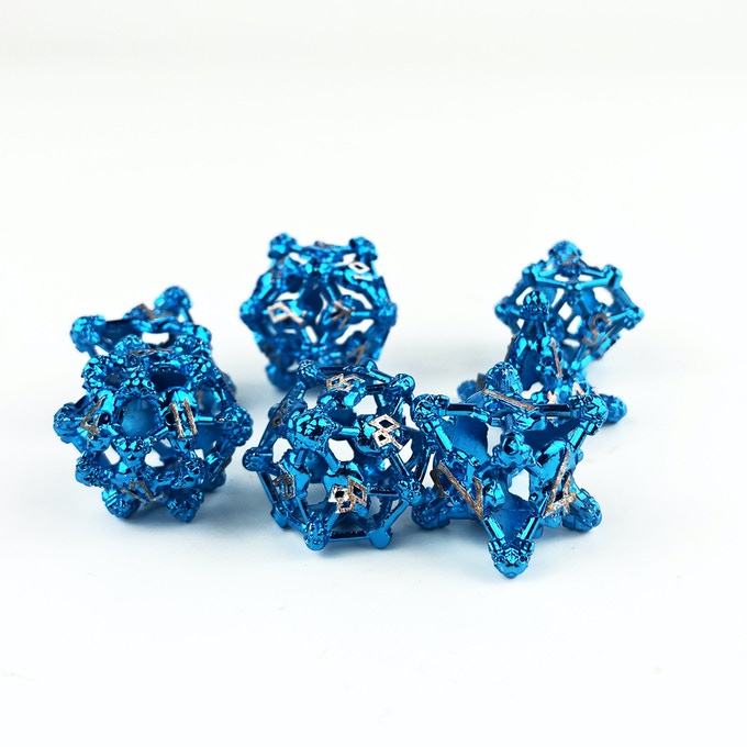 Blue w/Copper Deadly Skull Dice Hollow Metal 7-Dice Set