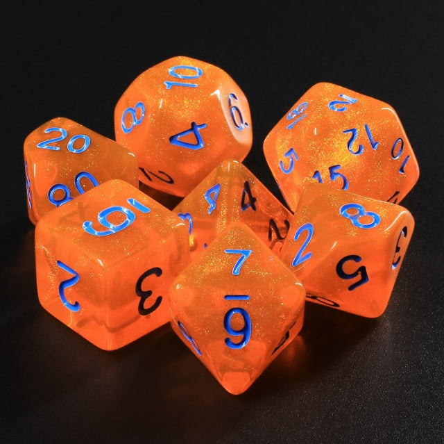 Pumpkin's Orange Glitter with Blue Numbering 7-Dice Set RPG