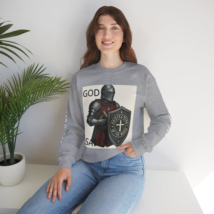 Knight Shield Crewneck Sweatshirt — "Protectors of the Word God Saves"