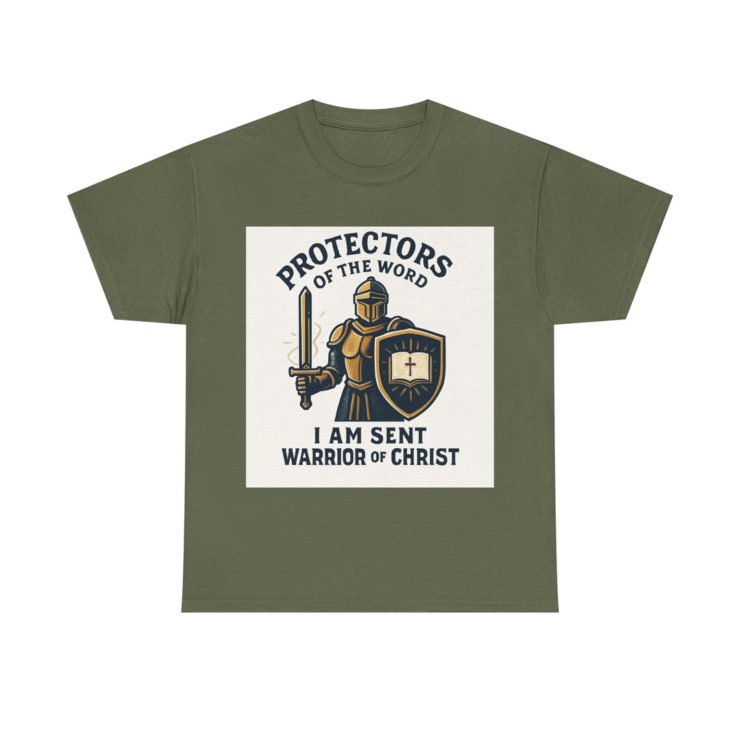 Protectors of the Word T-Shirt — Knight with Sword and Shield Literary Tee