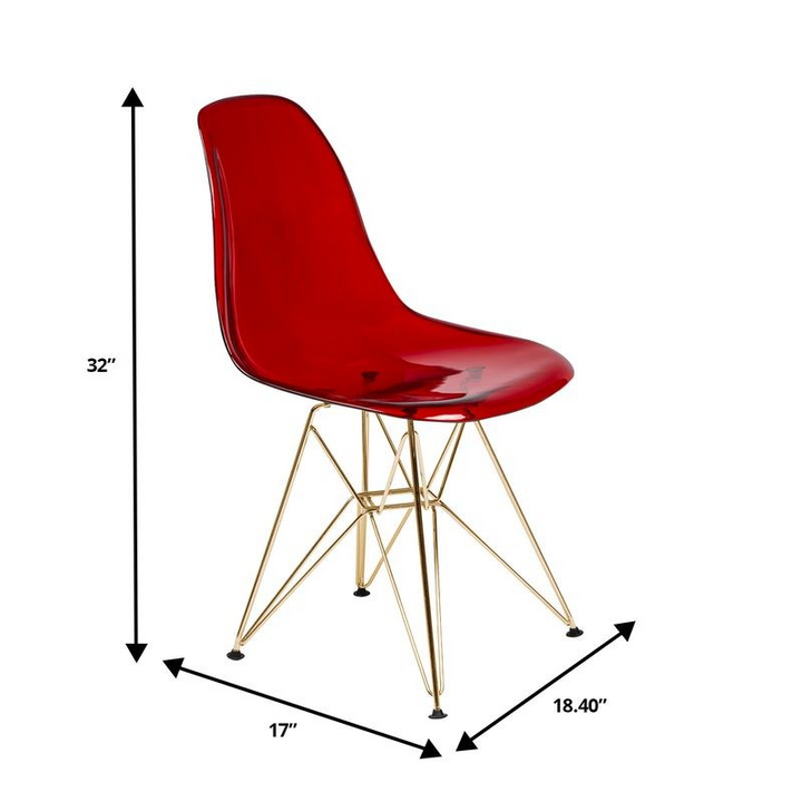 LeisureMod Cresco Molded Eiffel Side Chair with Gold Base Transparent Red Dimensions.