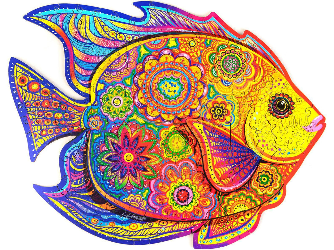 Colorful fish illustration with intricate patterns on a white background.