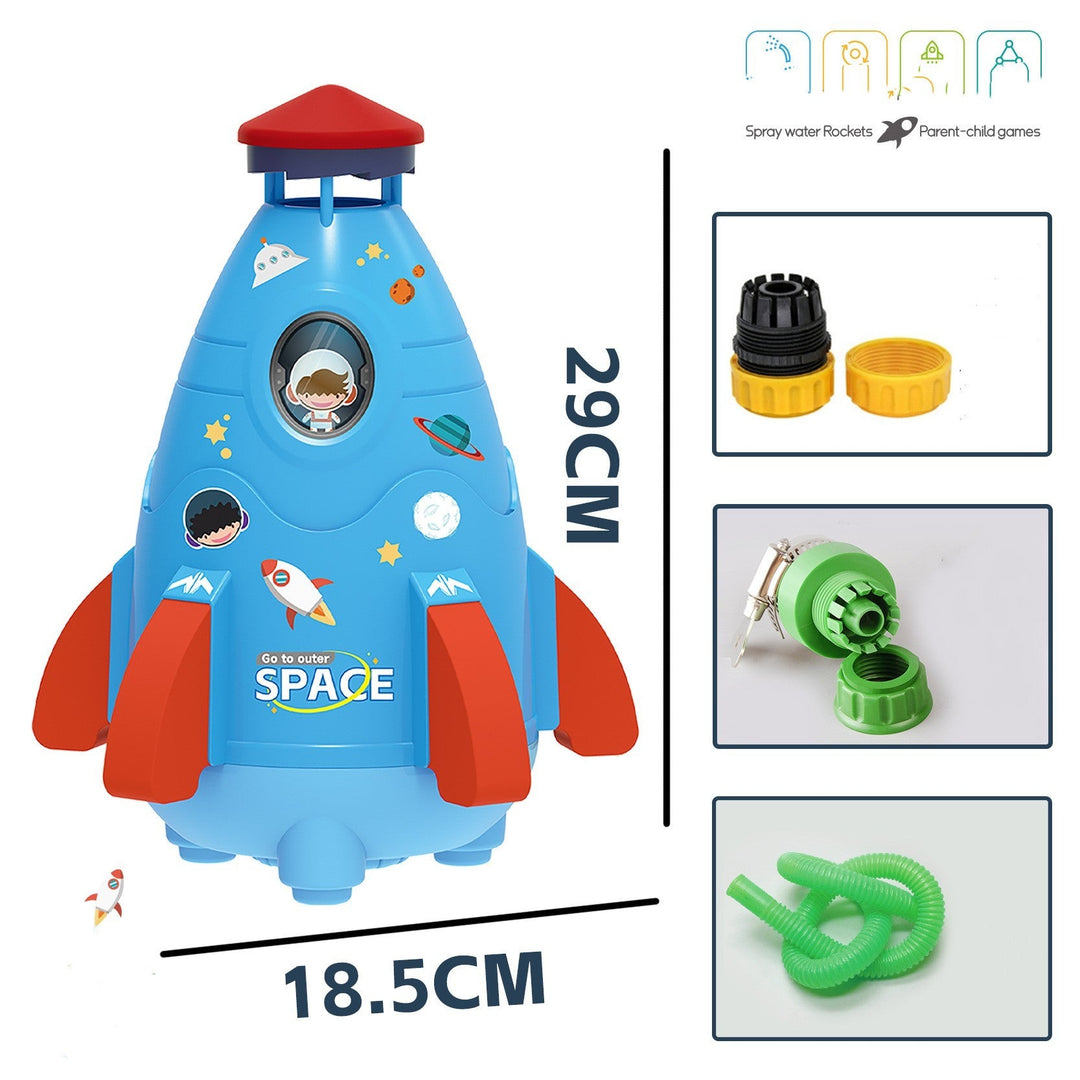 Toy rocket with space-themed design and measurement details on a white background.