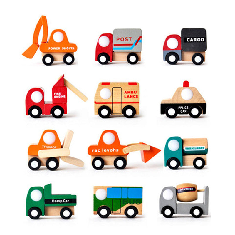 Collection of colorful wooden toy vehicles on a white background.