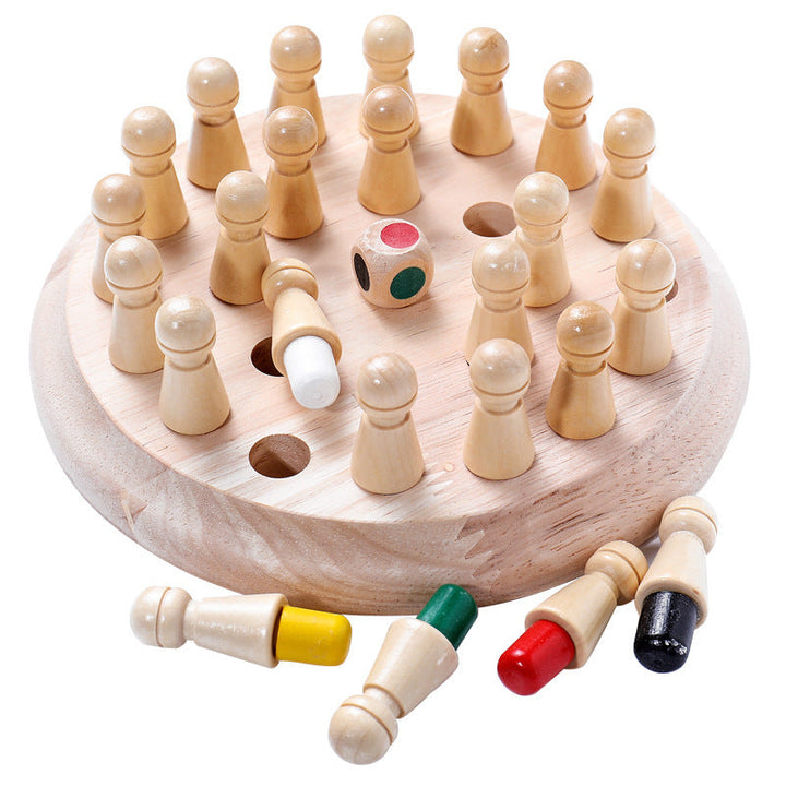 Wooden game set with pieces and dice on a white background.
