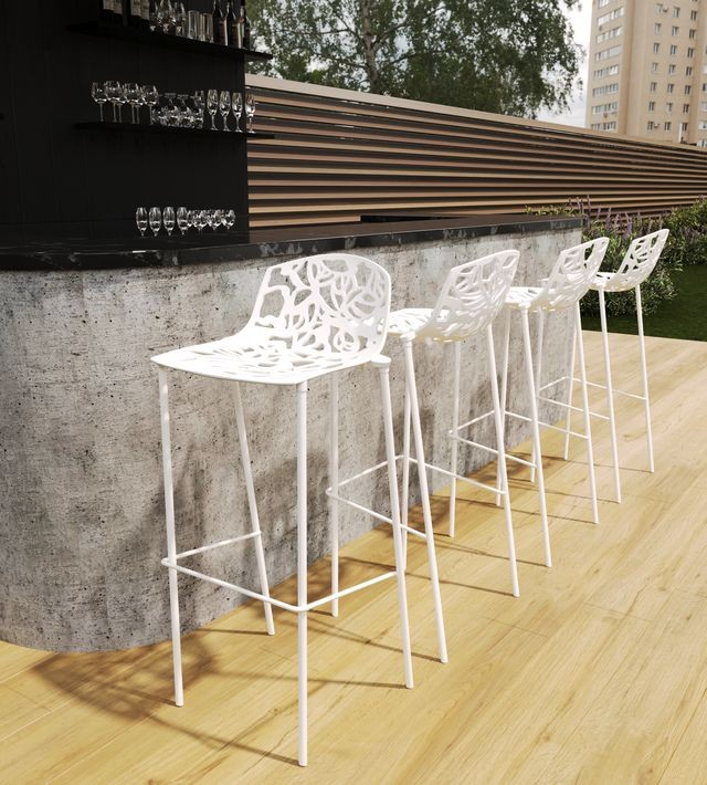 LeisureMod Devon Mid-Century Modern Aluminum Bar Stool with Powder Coated Frame and Footrest Set of 2 White