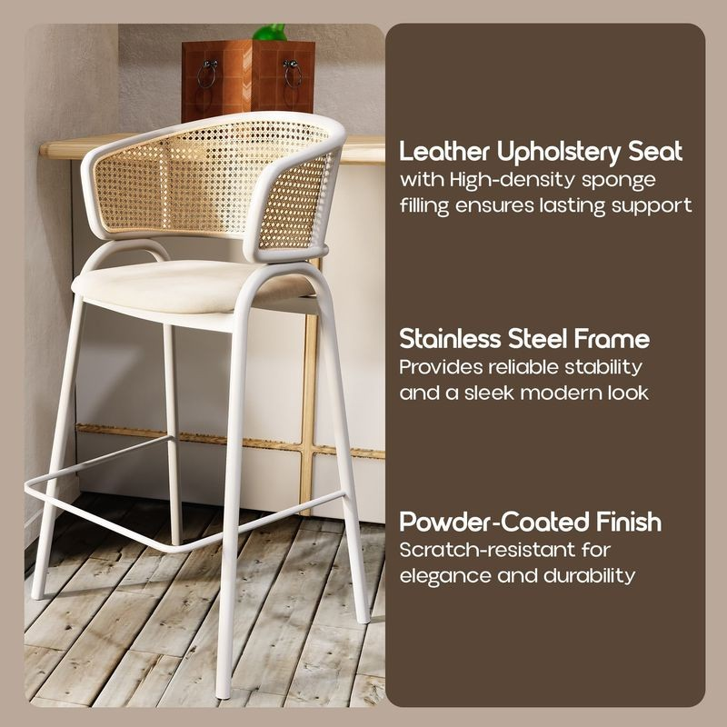 LeisureMod Ervilla Wicker Bar Stool with Fabric Seat and White Steel Frame in White Leather Description.