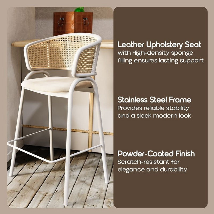 LeisureMod Ervilla Wicker Bar Stool with Fabric Seat and White Steel Frame in White Leather Description.