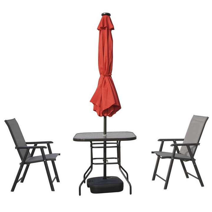 LeisureMod Sierra Outdoor Patio Umbrella with Base in Red Closed.