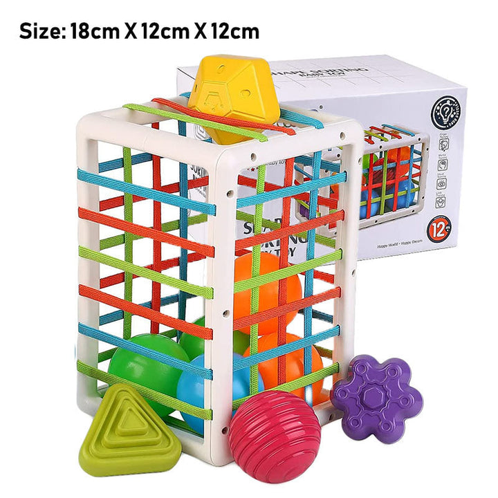 Colorful children's toy with geometric shapes and a box in the background.