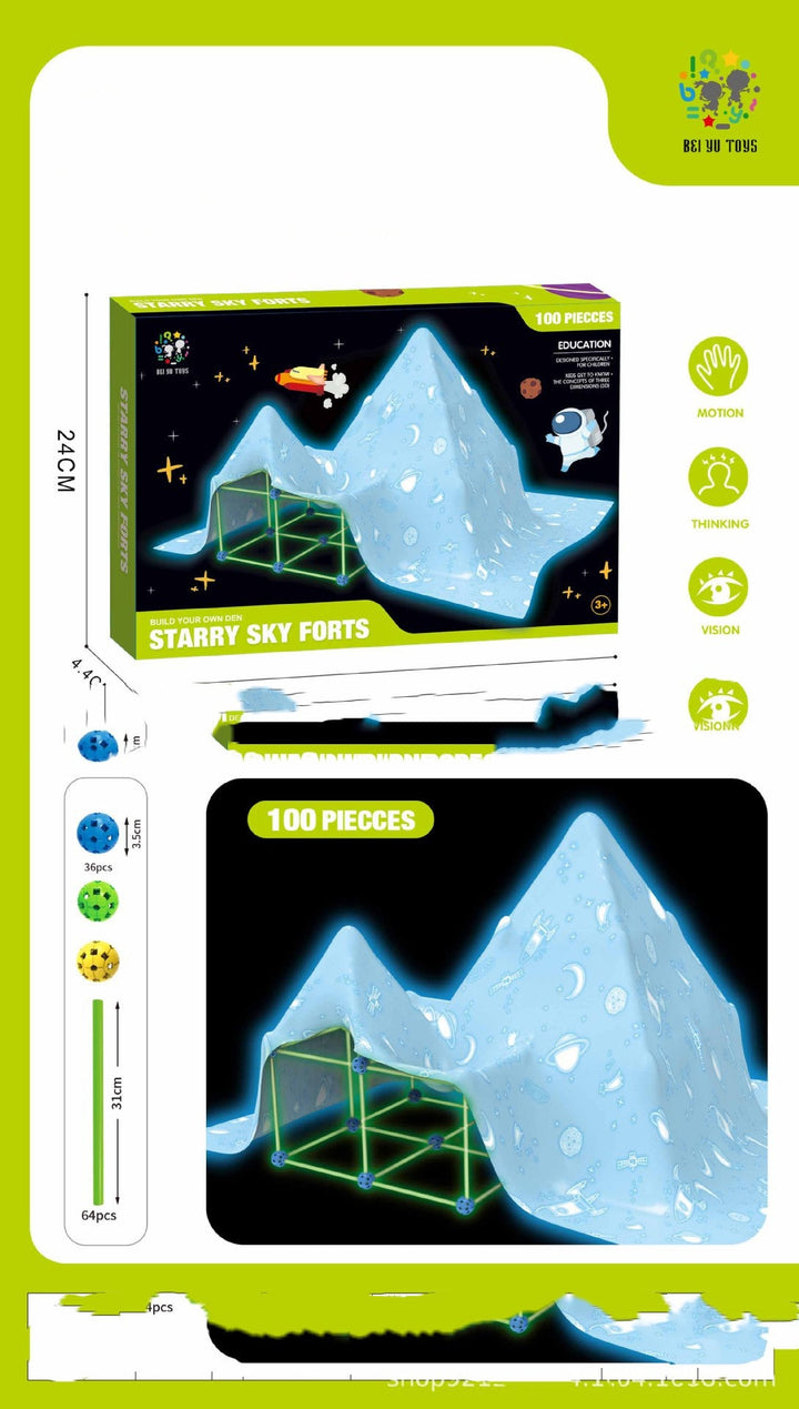 Starry sky forts toy packaging with star-shaped fort and mountains on a white background.