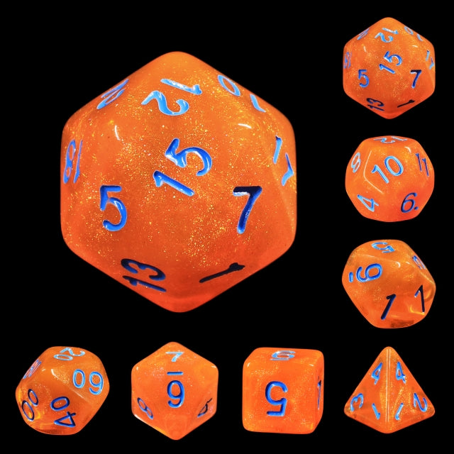 Pumpkin's Orange Glitter with Blue Numbering 7-Dice Set RPG