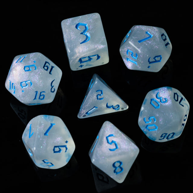 Glitter Party White Glitter Dice (Blue font) 7-Dice Set RPG DND