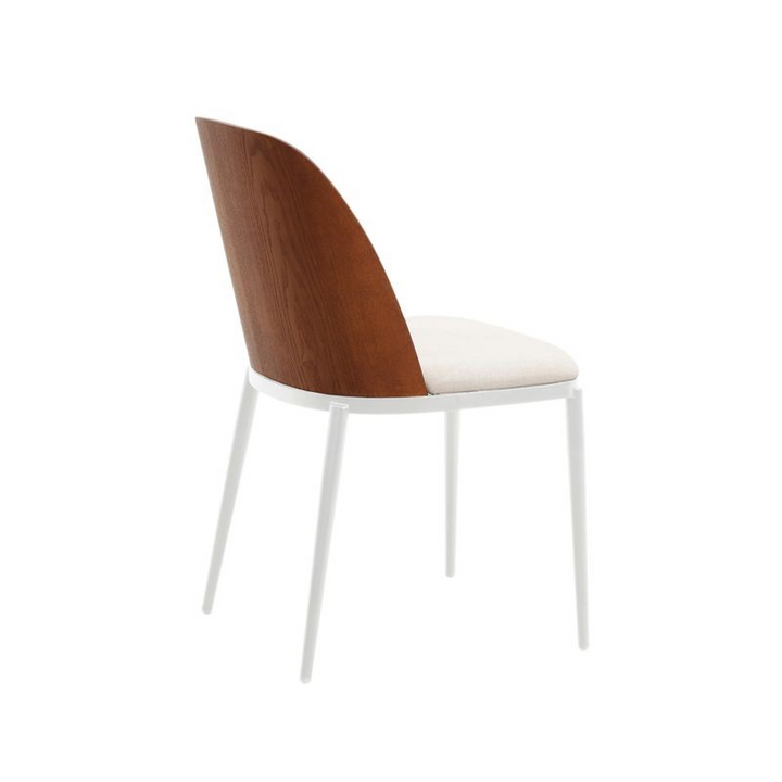 LeisureMod Tule Mid-Century Modern Fabric Dining Side Chair with White Powder-Coated Steel Frame Walnut/Beige Back Angle.