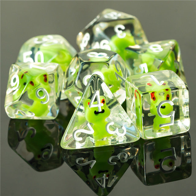 Frog Dice Clear Dice w/ Green Frogs 7-Dice Set Rpg