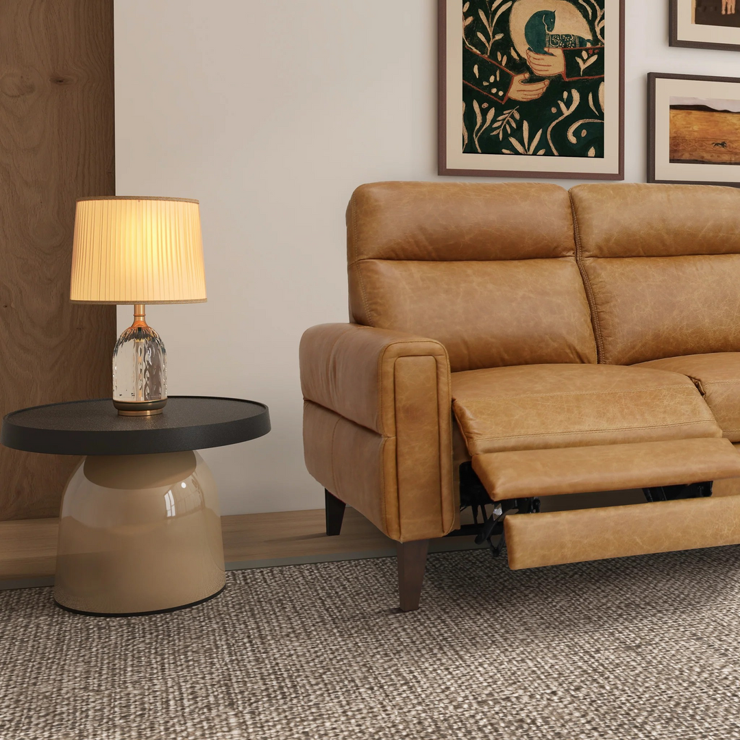 Elliot Incliner Sofa Left Waxy Tan Leather Closeup.